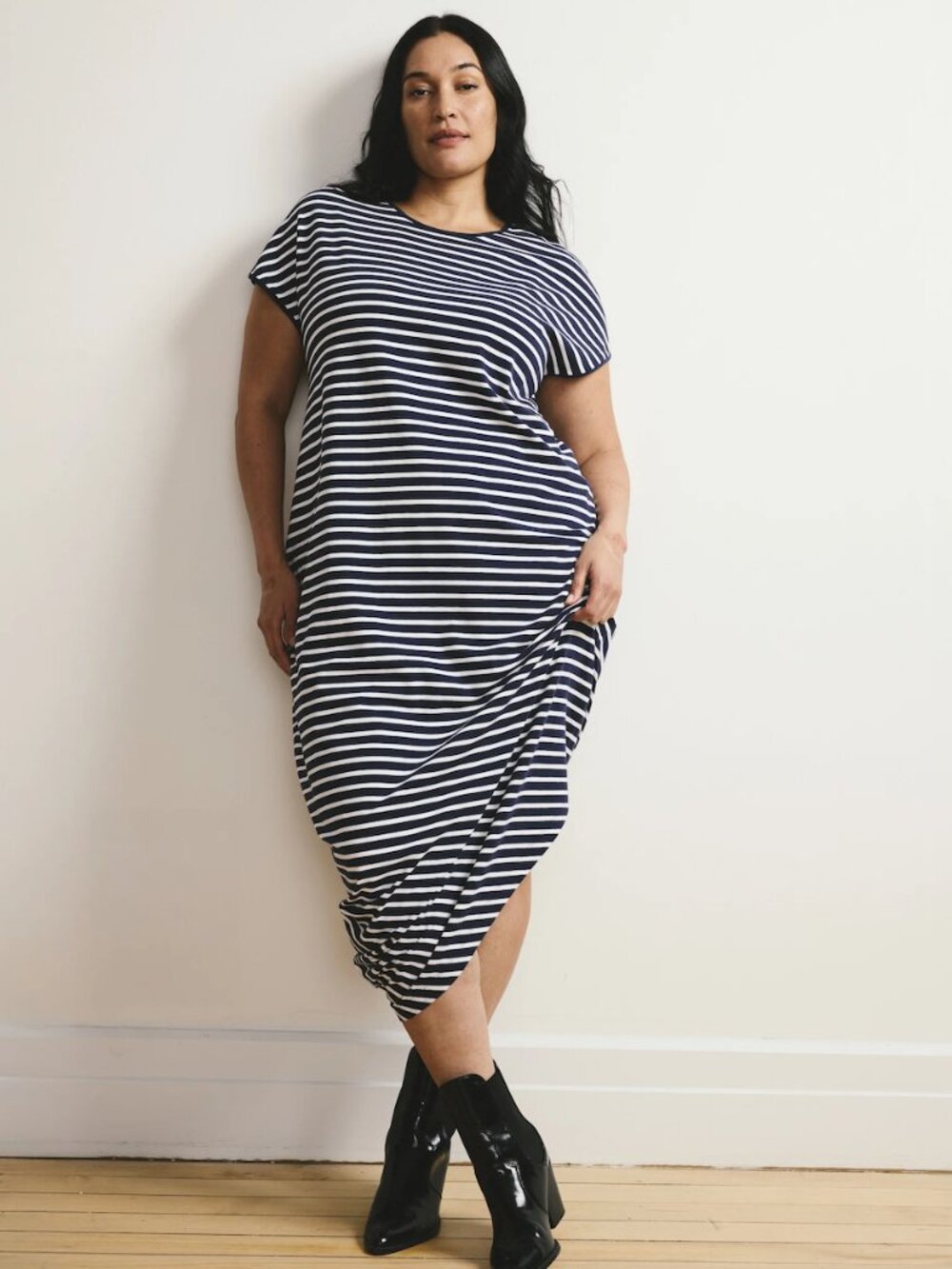 Universal Standard Navy and White Striped Short-Sleeve Maxi Dress